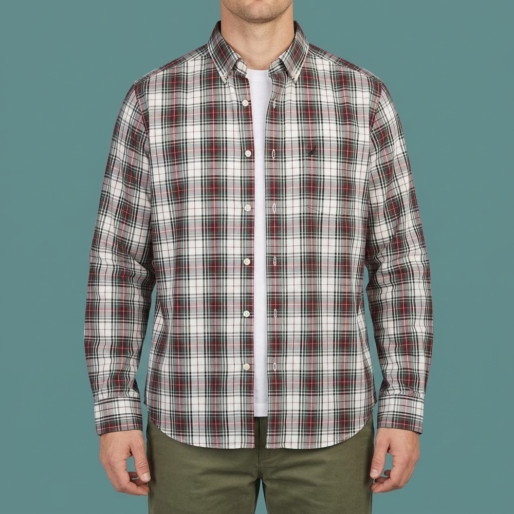 Nautica Plaid Long Sleeve Button Down Shirt Mens L Red Green White EUC
